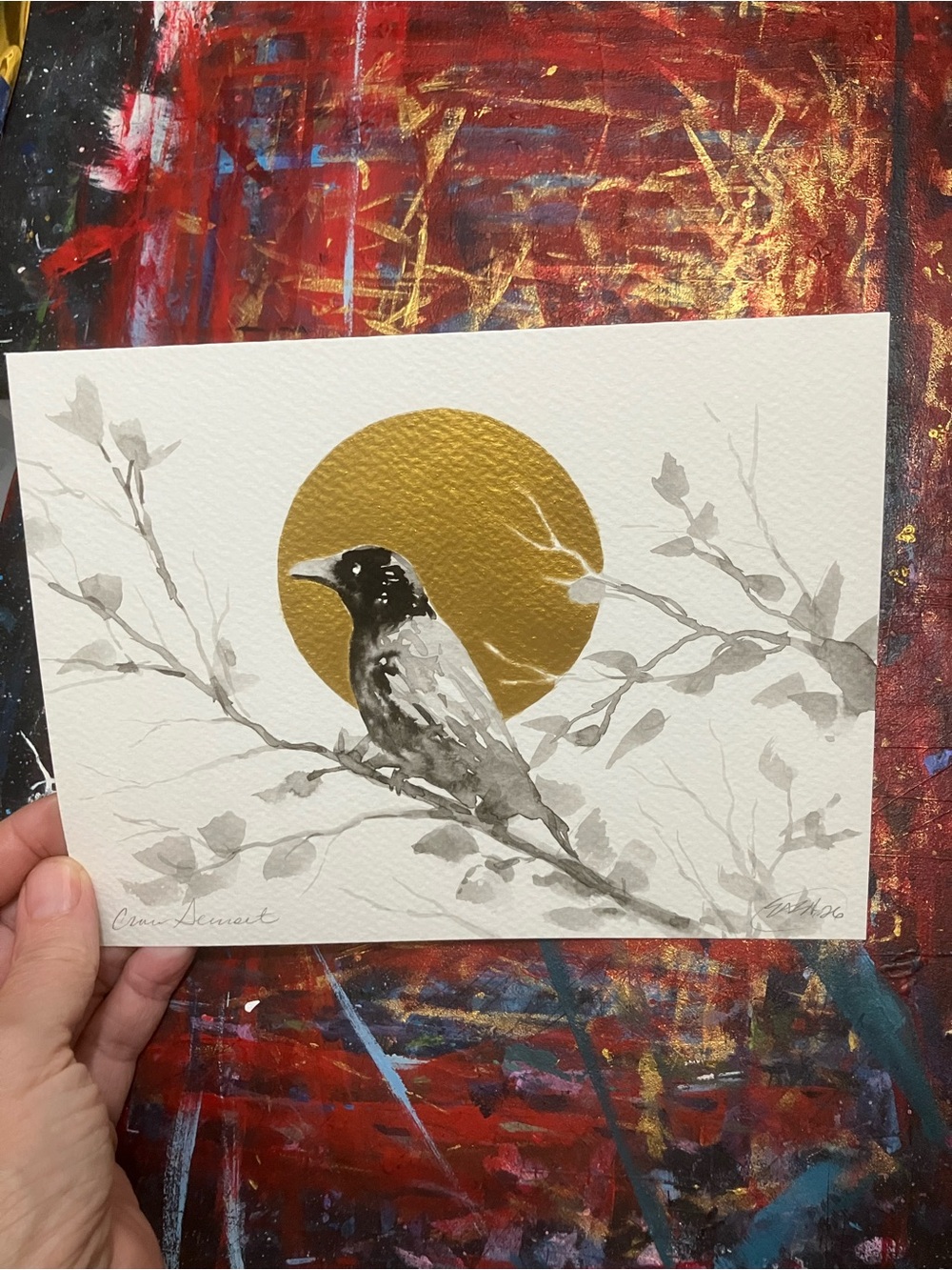 ORIGINAL raven crow painting bird art sunset gold accent nature artwork EAE USA